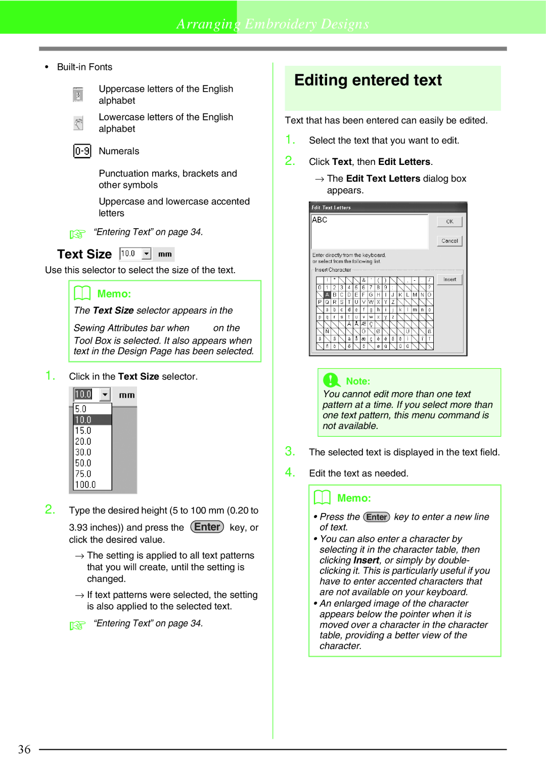 Brother PE-DESIGN, Brother USB Writer manual Editing entered text, Text Size, Entering Text on 