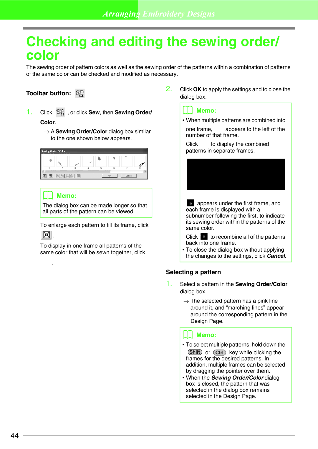 Brother PE-DESIGN, Brother USB Writer manual Checking and editing the sewing order/ color, Selecting a pattern 