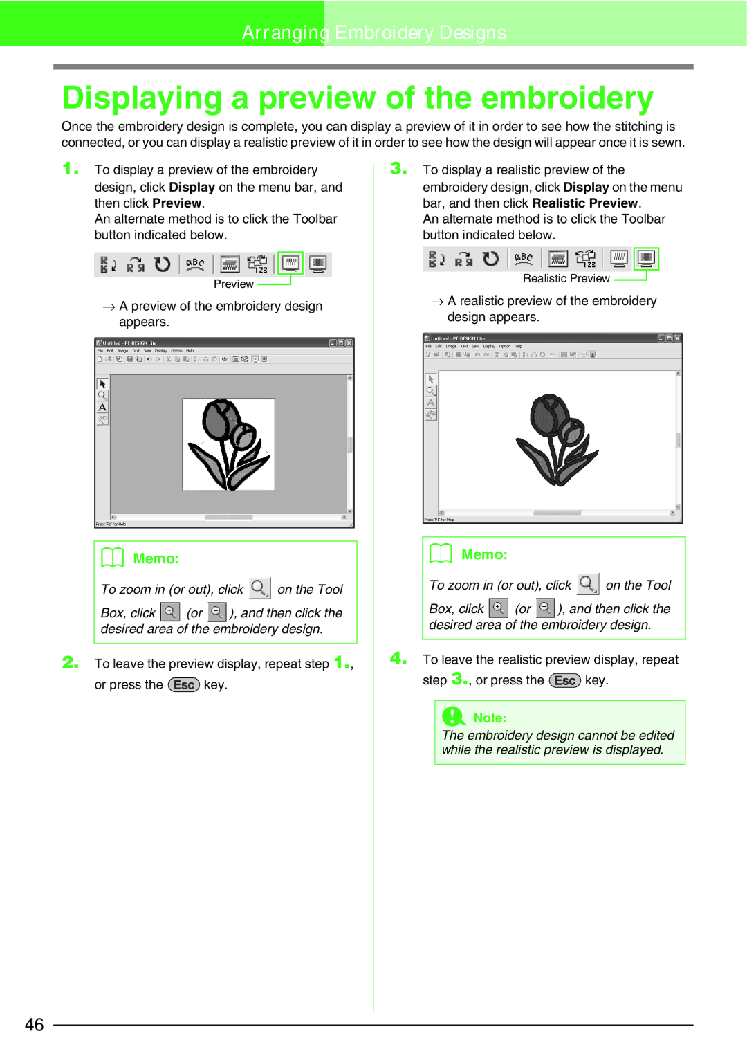 Brother PE-DESIGN, Brother USB Writer manual Displaying a preview of the embroidery, To zoom in or out, click, Box, click 