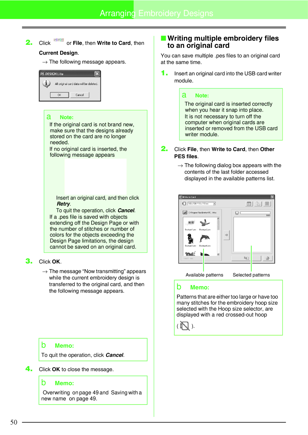 Brother PE-DESIGN, Brother USB Writer manual Writing multiple embroidery files to an original card 