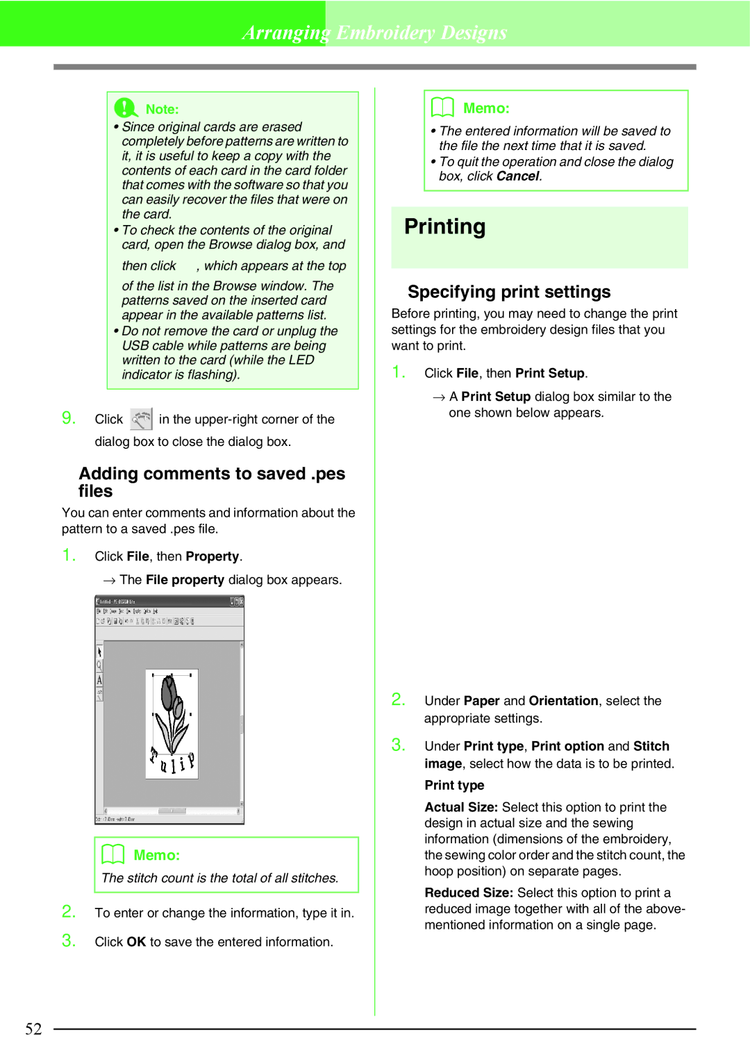 Brother PE-DESIGN Printing, Adding comments to saved .pes files, Specifying print settings, Click File, then Print Setup 