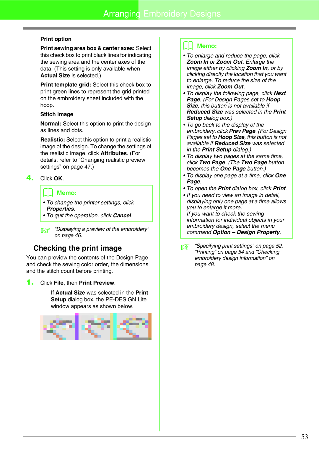 Brother Brother USB Writer, PE-DESIGN manual Checking the print image, Stitch image, Click File, then Print Preview 