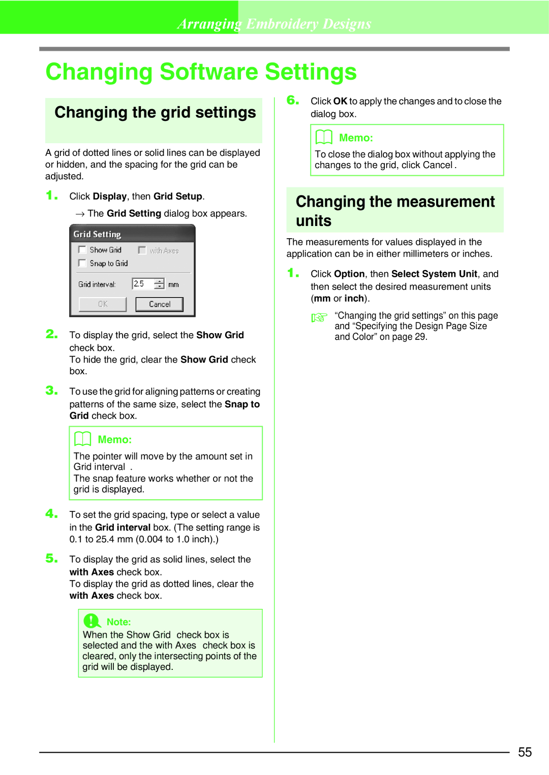 Brother Brother USB Writer manual Changing Software Settings, Changing the grid settings, Changing the measurement units 