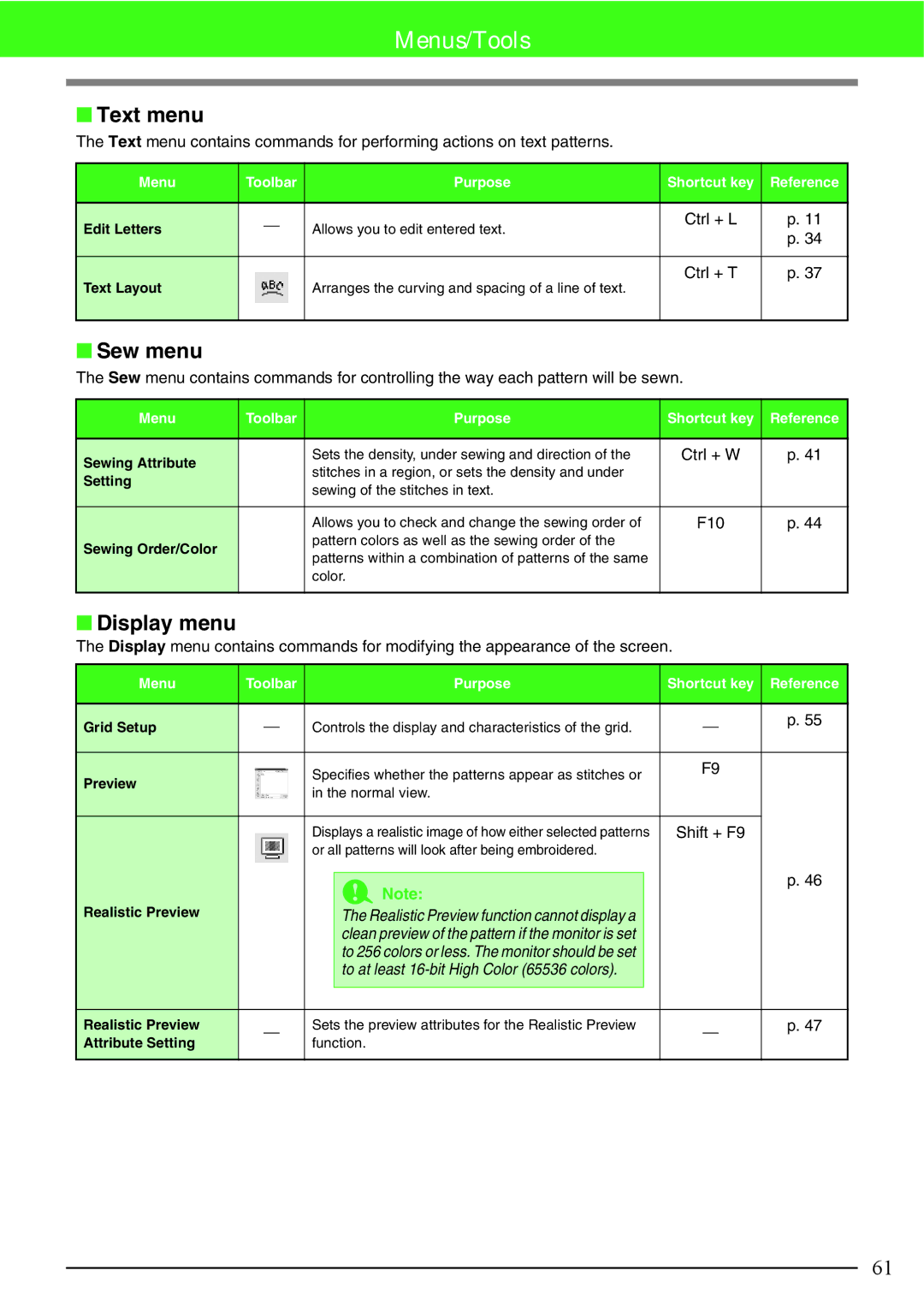 Brother Brother USB Writer, PE-DESIGN manual Text menu, Sew menu, Display menu 