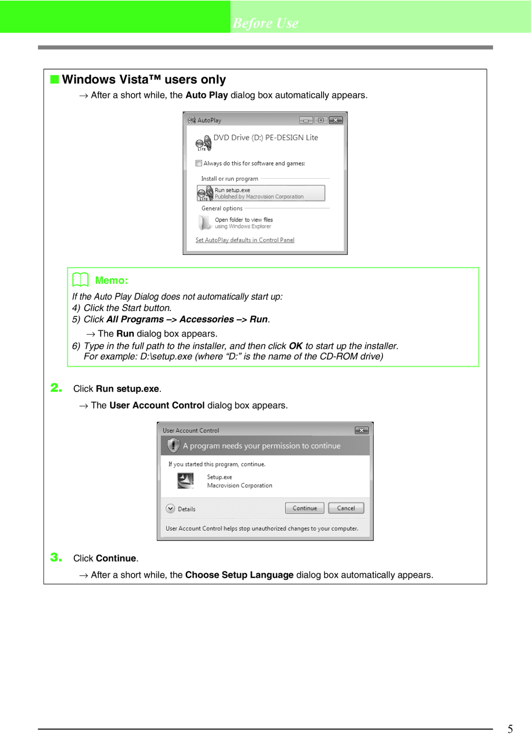 Brother Brother USB Writer, PE-DESIGN manual Windows Vista users only, Click Run setup.exe, Click Continue 