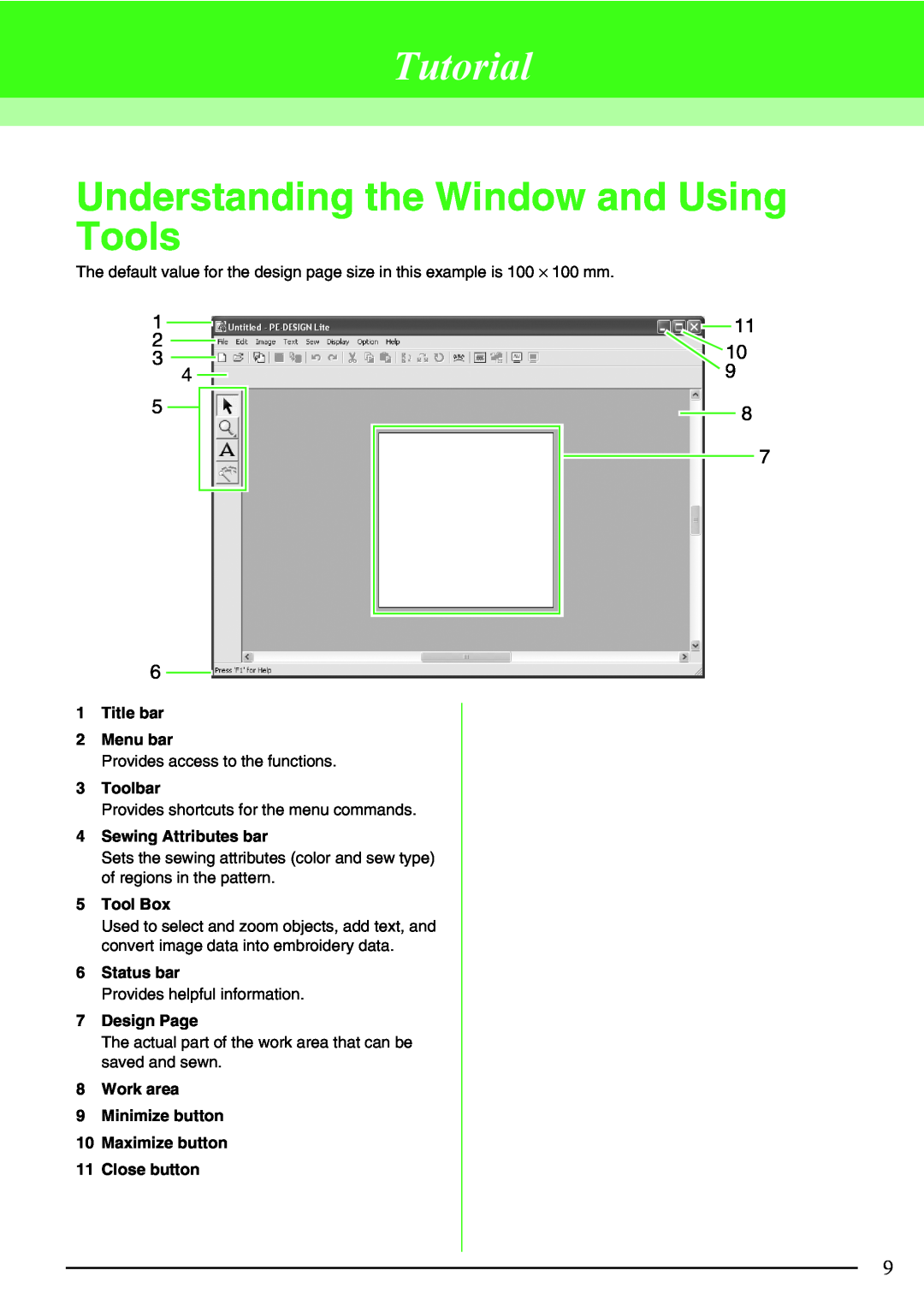 Brother Brother USB Writer Tutorial, Understanding the Window and Using Tools, Title bar 2 Menu bar, Toolbar, Tool Box 