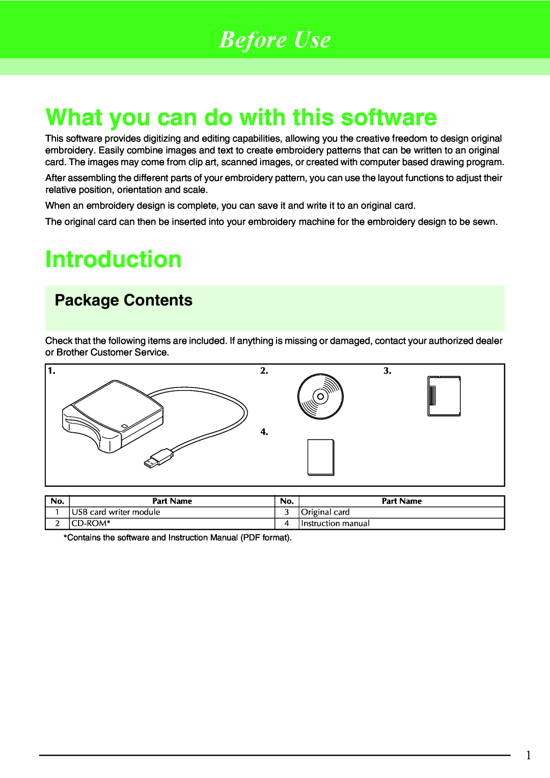 Brother Brother USB Writer, PE-DESIGN manual Before Use, What you can do with this software, Introduction, Package Contents 