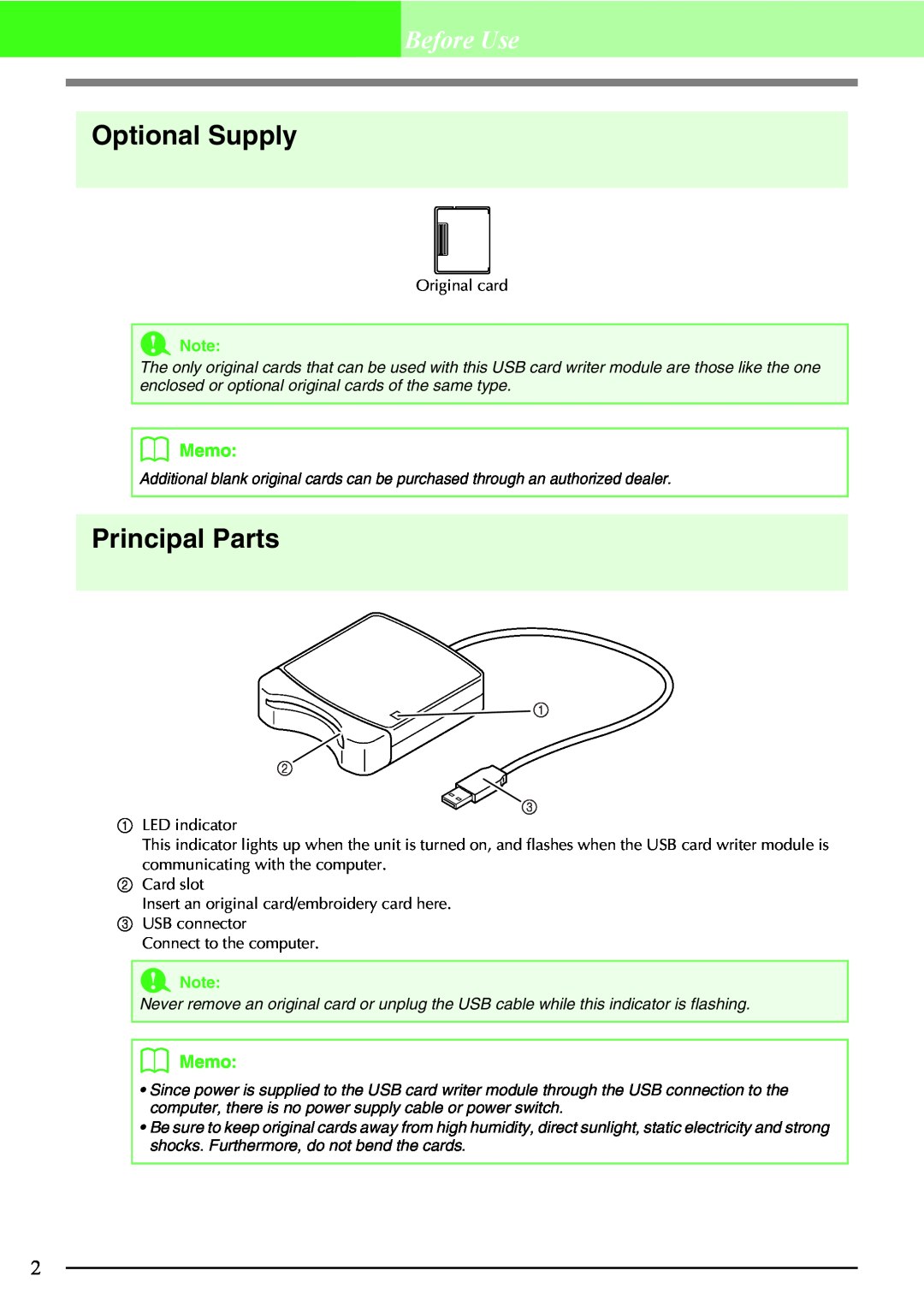 Brother PE-DESIGN, Brother USB Writer manual Optional Supply, Principal Parts, Before Use, b Memo, a Note 