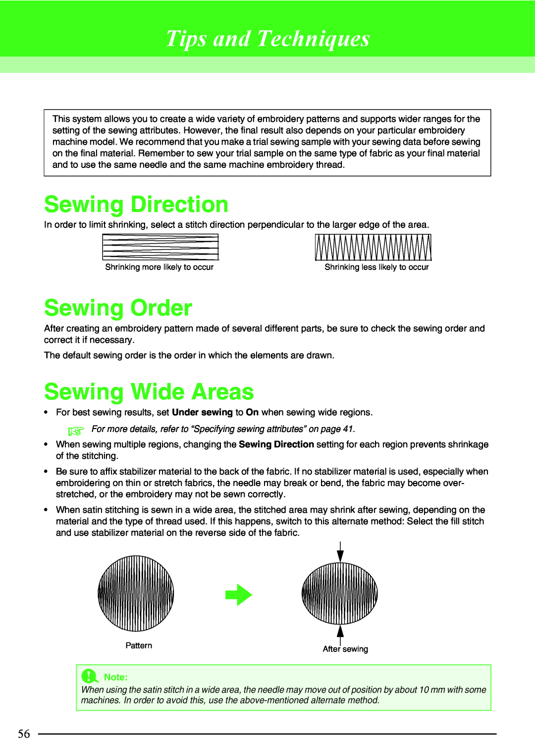 Brother PE-DESIGN, Brother USB Writer manual Tips and Techniques, Sewing Direction, Sewing Order, Sewing Wide Areas, a Note 