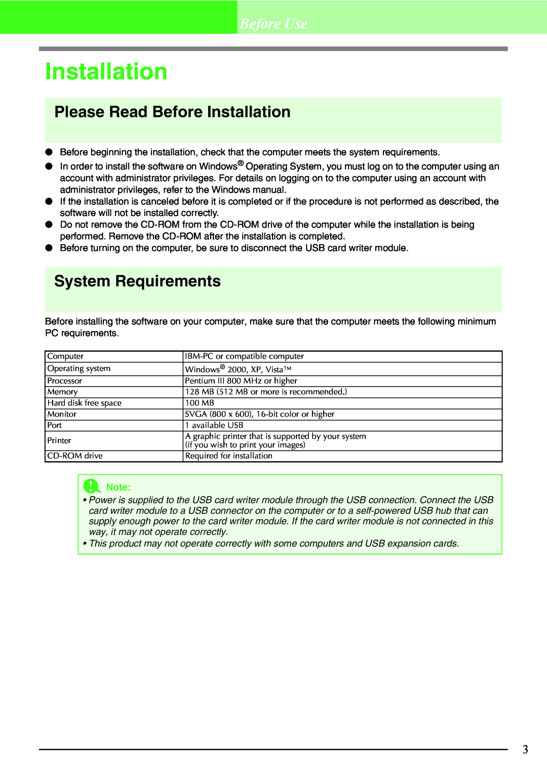 Brother Brother USB Writer, PE-DESIGN manual Please Read Before Installation, System Requirements, Before Use, a Note 