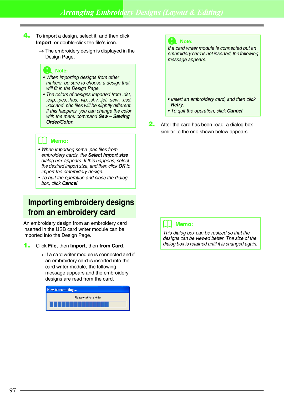 Brother PE-DESIGN V7 instruction manual Importing embroidery designs from an embroidery card 