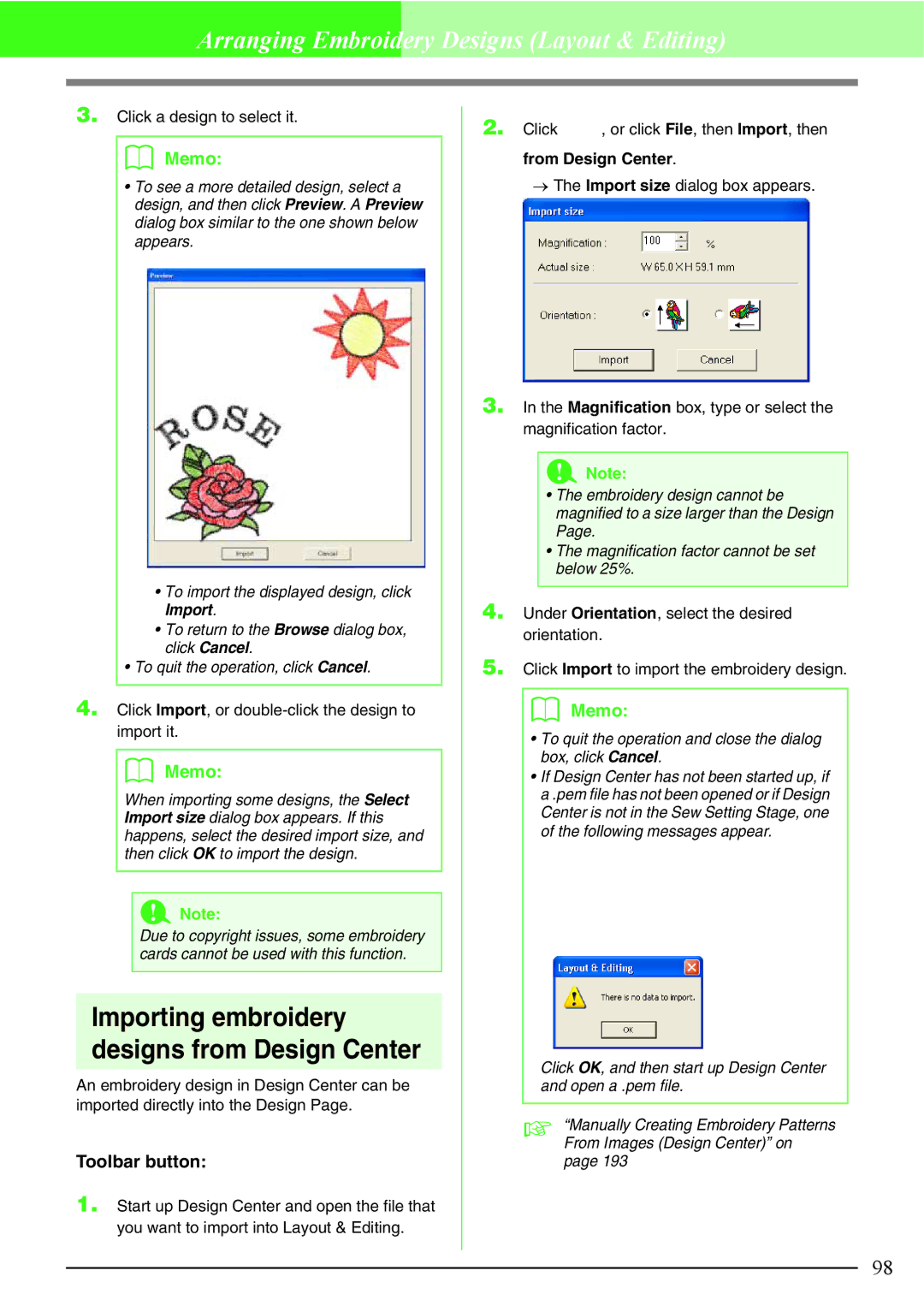 Brother PE-DESIGN V7 instruction manual Click a design to select it, Click Import, or double-click the design to import it 