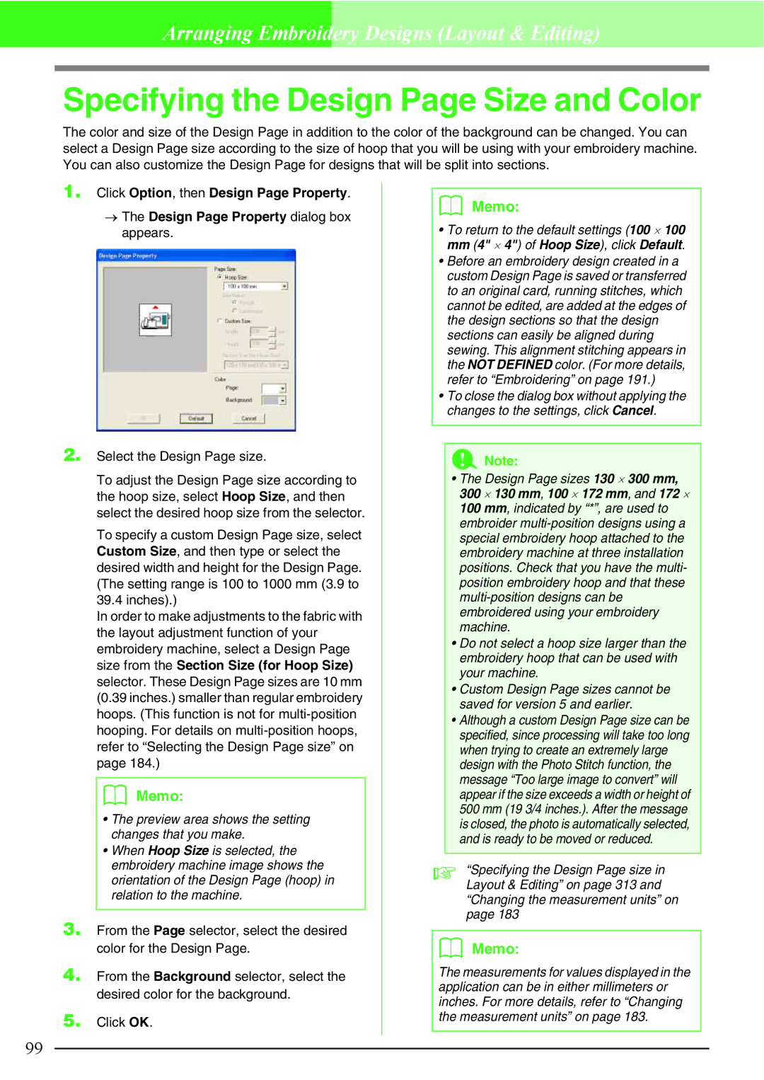 Brother PE-DESIGN V7 instruction manual Specifying the Design Page Size and Color, Select the Design Page size 