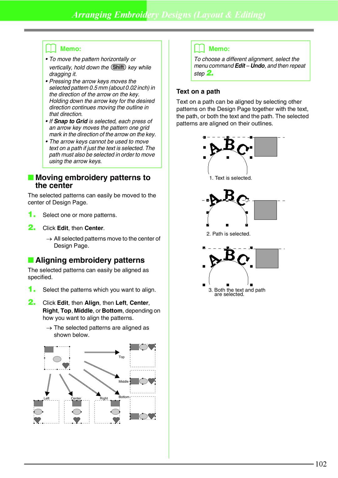 Brother PE-DESIGN V7 Moving embroidery patterns to the center, Aligning embroidery patterns, Text on a path 