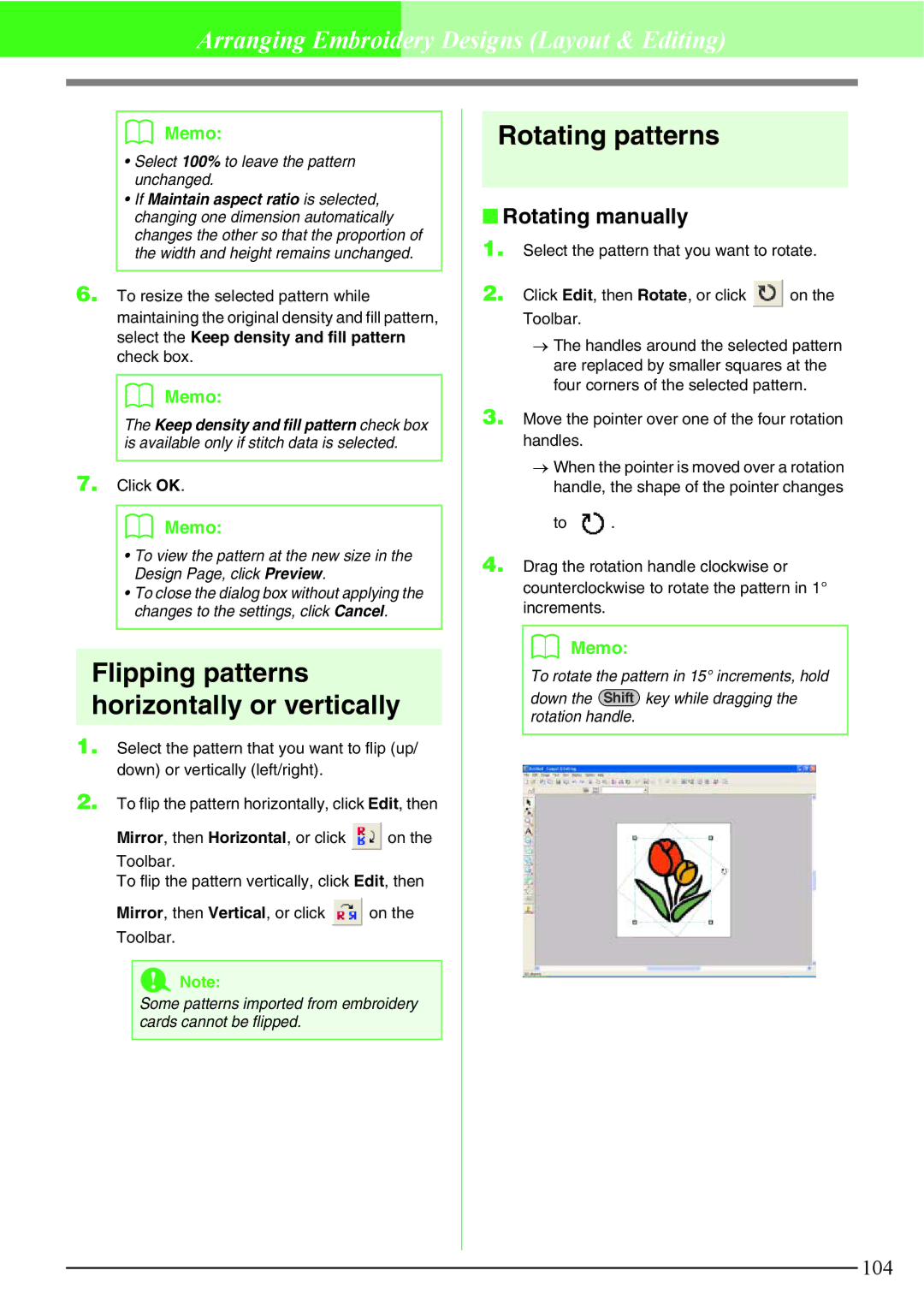 Brother PE-DESIGN V7 instruction manual Flipping patterns horizontally or vertically, Rotating patterns, Rotating manually 