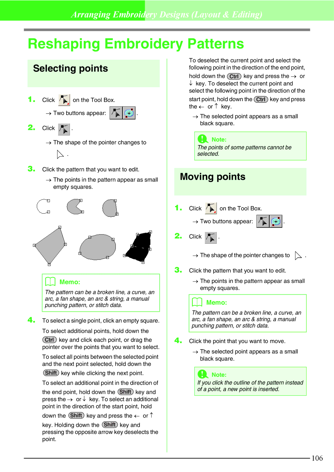 Brother PE-DESIGN V7 instruction manual Reshaping Embroidery Patterns, Selecting points, Moving points 