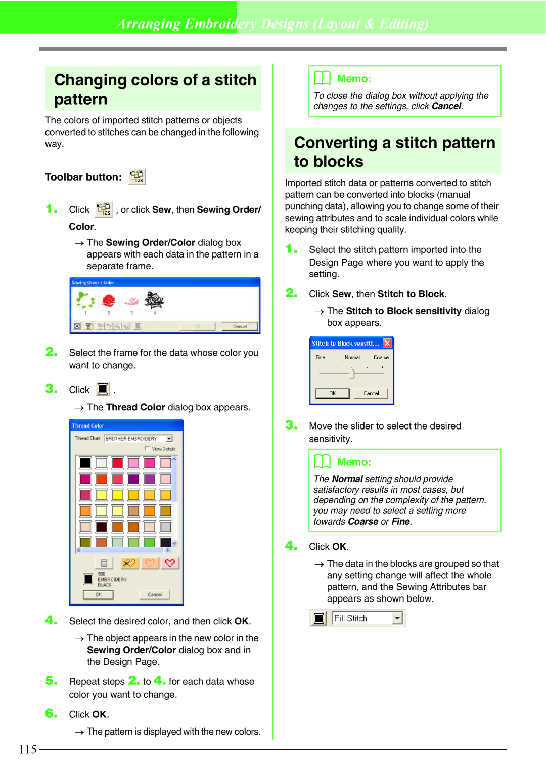 Brother PE-DESIGN V7 instruction manual Changing colors of a stitch pattern, Converting a stitch pattern to blocks 