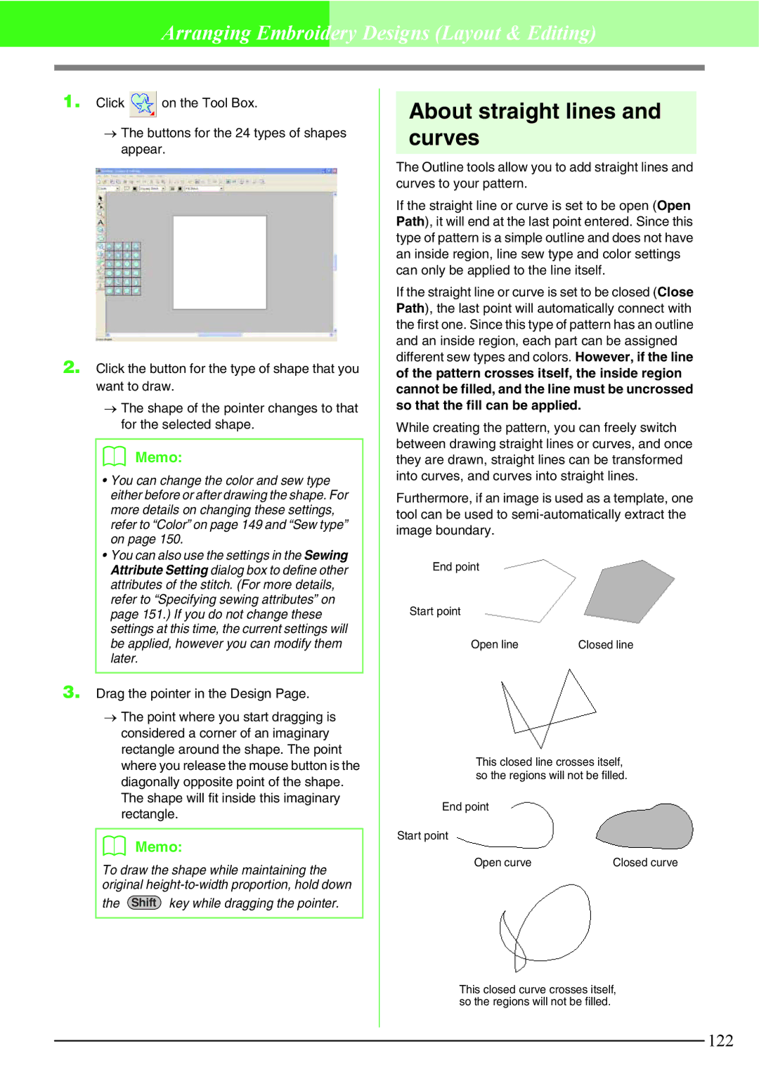 Brother PE-DESIGN V7 instruction manual About straight lines and curves, Shift key while dragging the pointer 