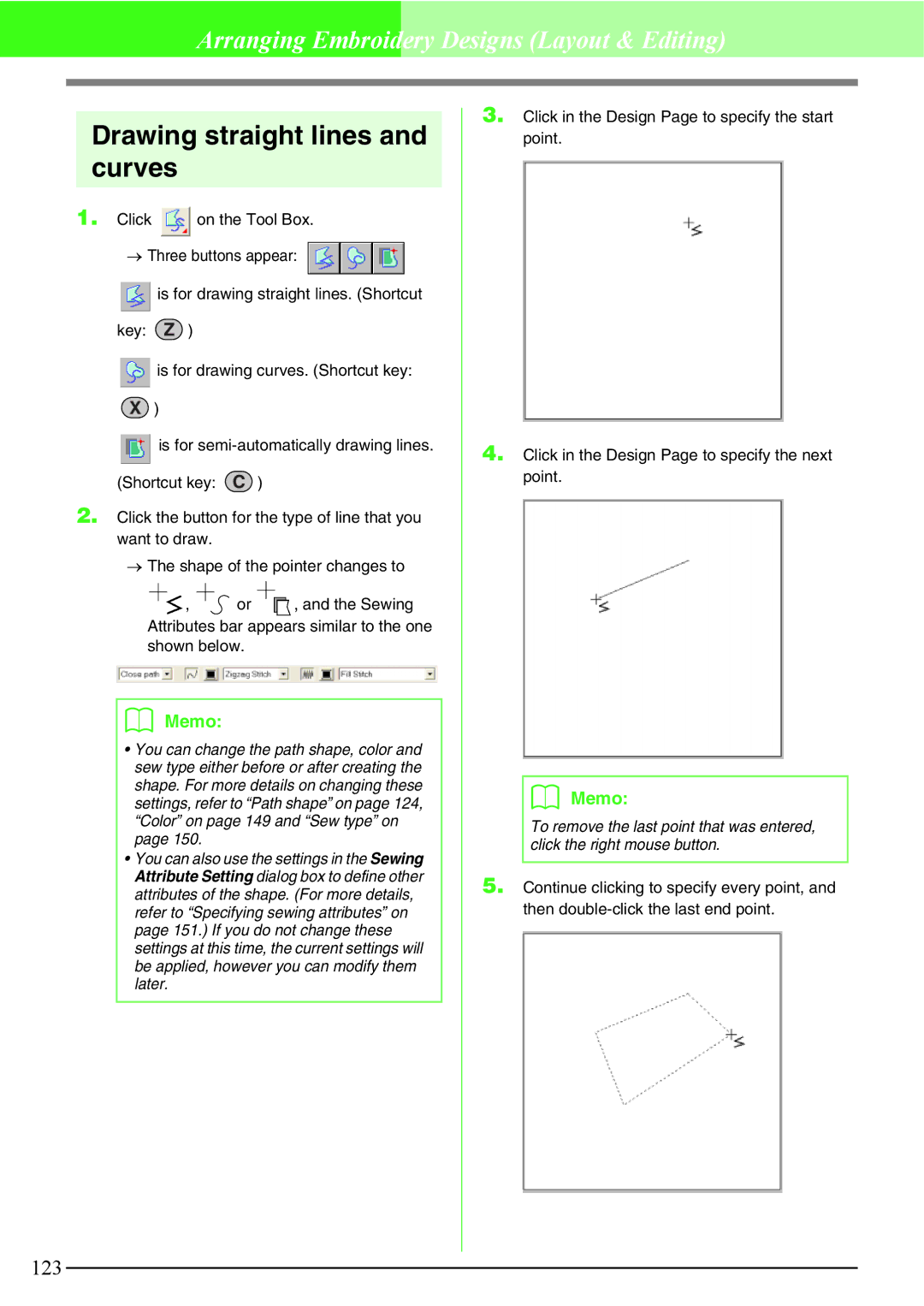 Brother PE-DESIGN V7 instruction manual Drawing straight lines and curves 