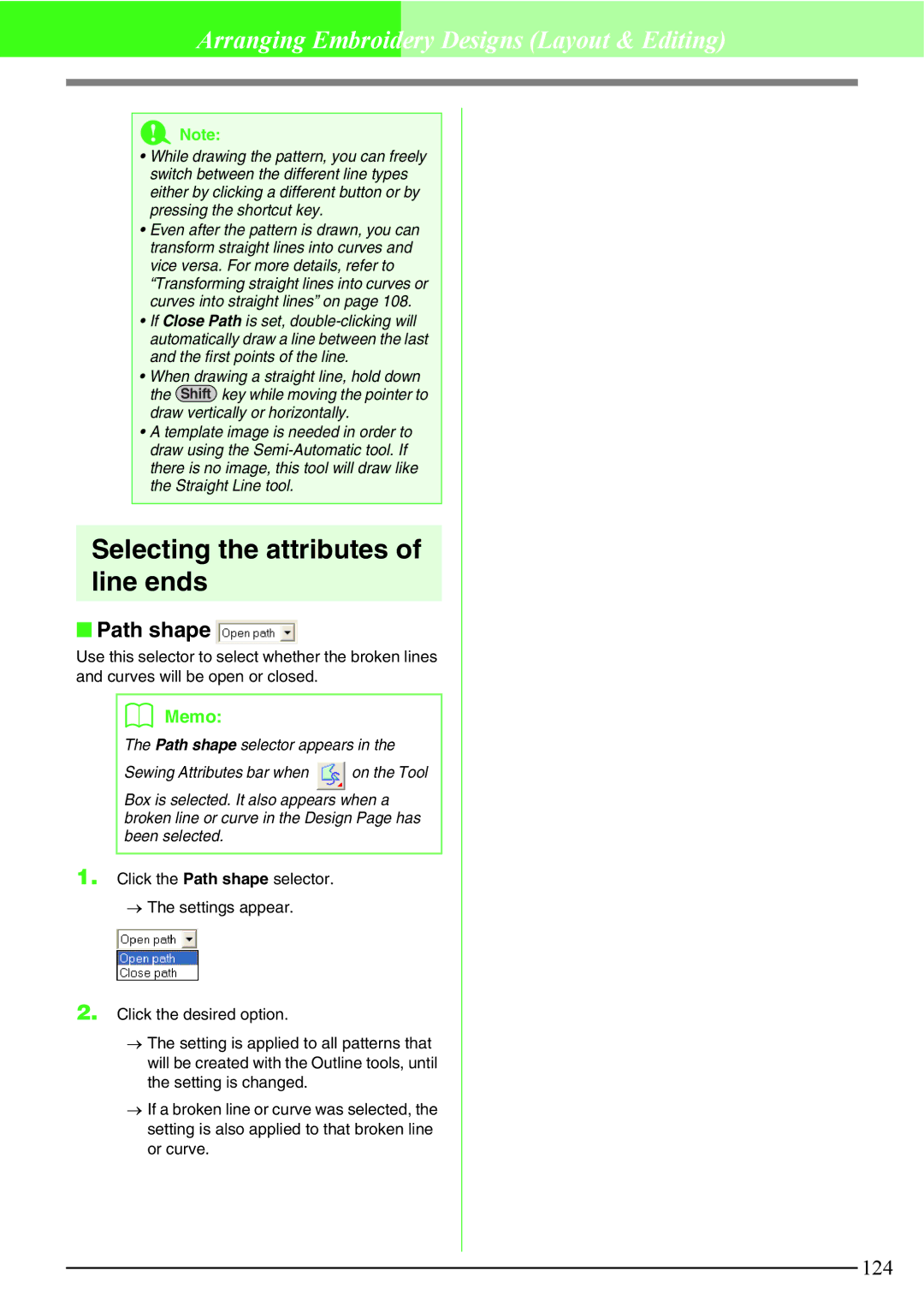 Brother PE-DESIGN V7 instruction manual Selecting the attributes of line ends, Path shape 