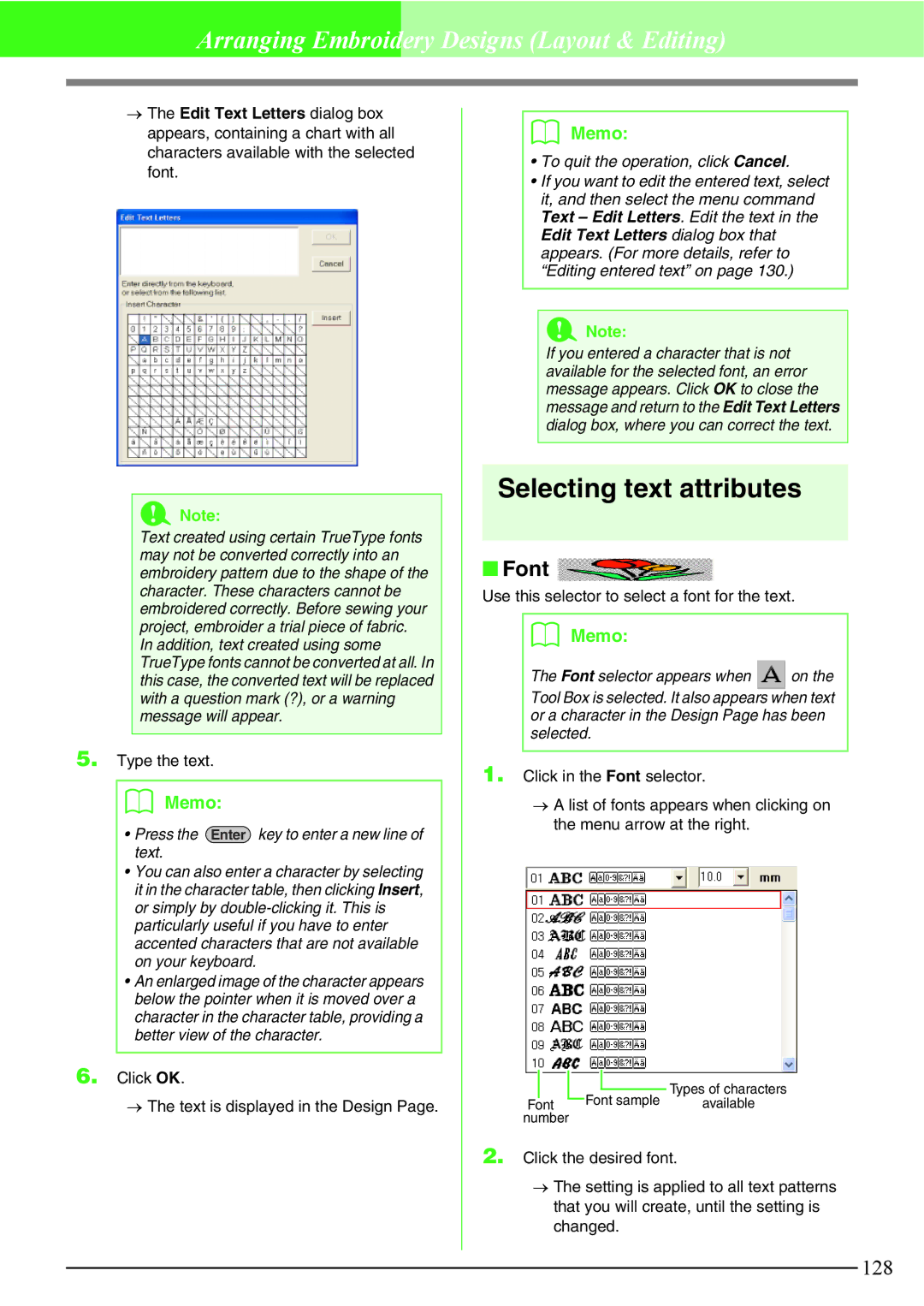 Brother PE-DESIGN V7 instruction manual Selecting text attributes, Font, Press the Enter key to enter a new line of text 