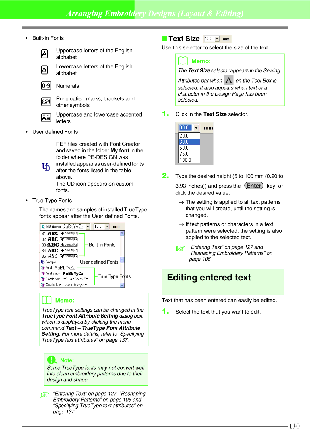 Brother PE-DESIGN V7 instruction manual Editing entered text, Text Size, Use this selector to select the size of the text 