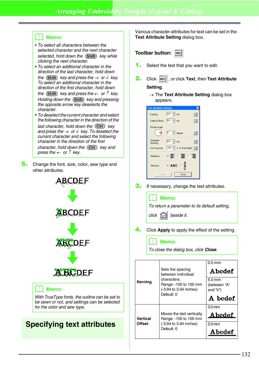 Brother PE-DESIGN V7 Specifying text attributes, Character, hold down the Ctrl key and press the ← or ↑ key 