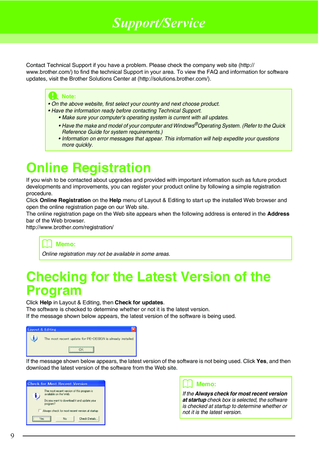 Brother PE-DESIGN V7 instruction manual Online Registration, Checking for the Latest Version of the Program 