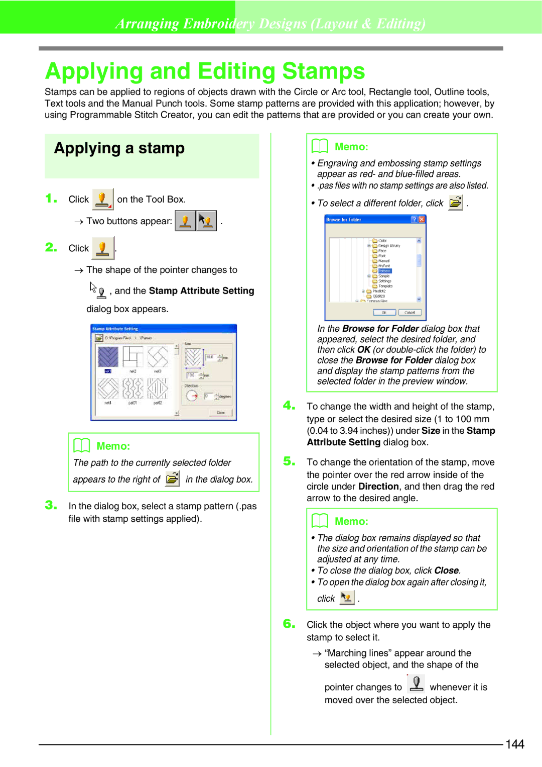 Brother PE-DESIGN V7 Applying and Editing Stamps, Applying a stamp, Stamp Attribute Setting dialog box appears 