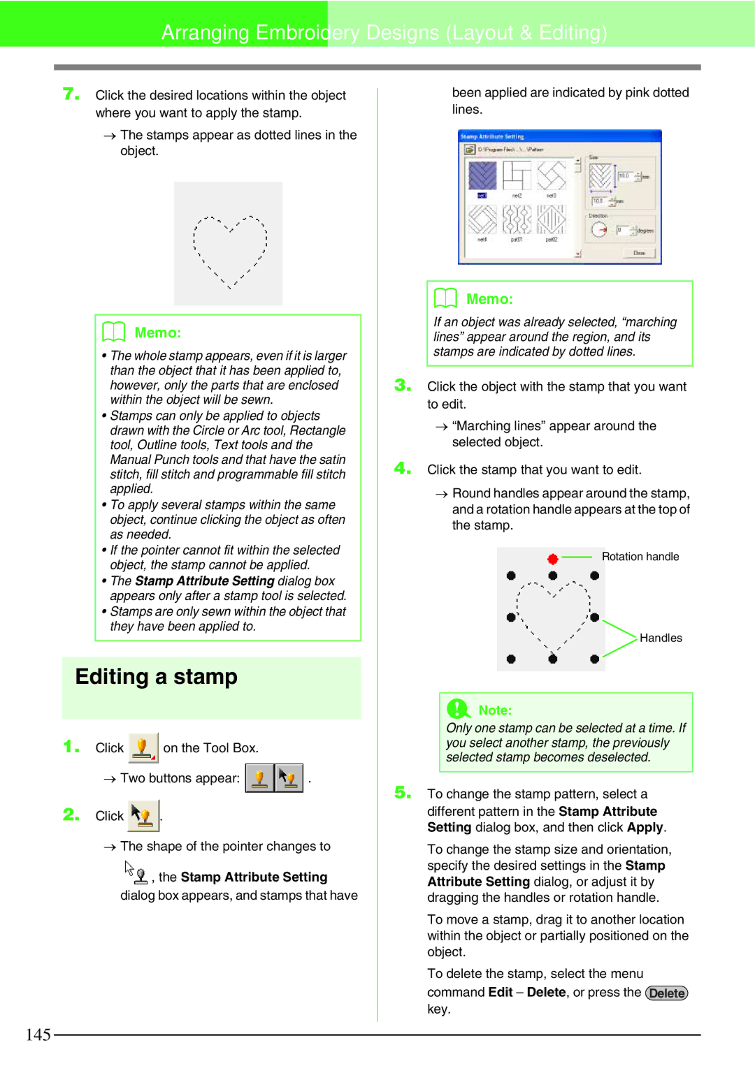 Brother PE-DESIGN V7 instruction manual Editing a stamp, Been applied are indicated by pink dotted lines 