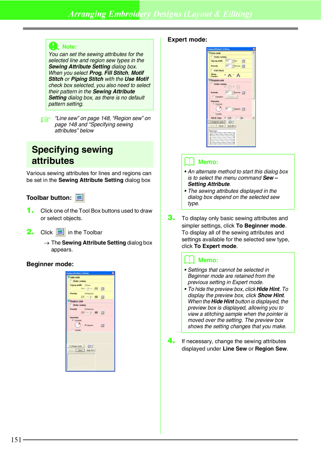 Brother PE-DESIGN V7 instruction manual Specifying sewing attributes, Beginner mode Expert mode 