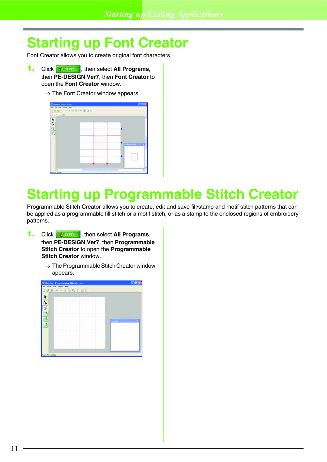 Brother PE-DESIGN V7 instruction manual Starting up Font Creator, Starting up Programmable Stitch Creator 