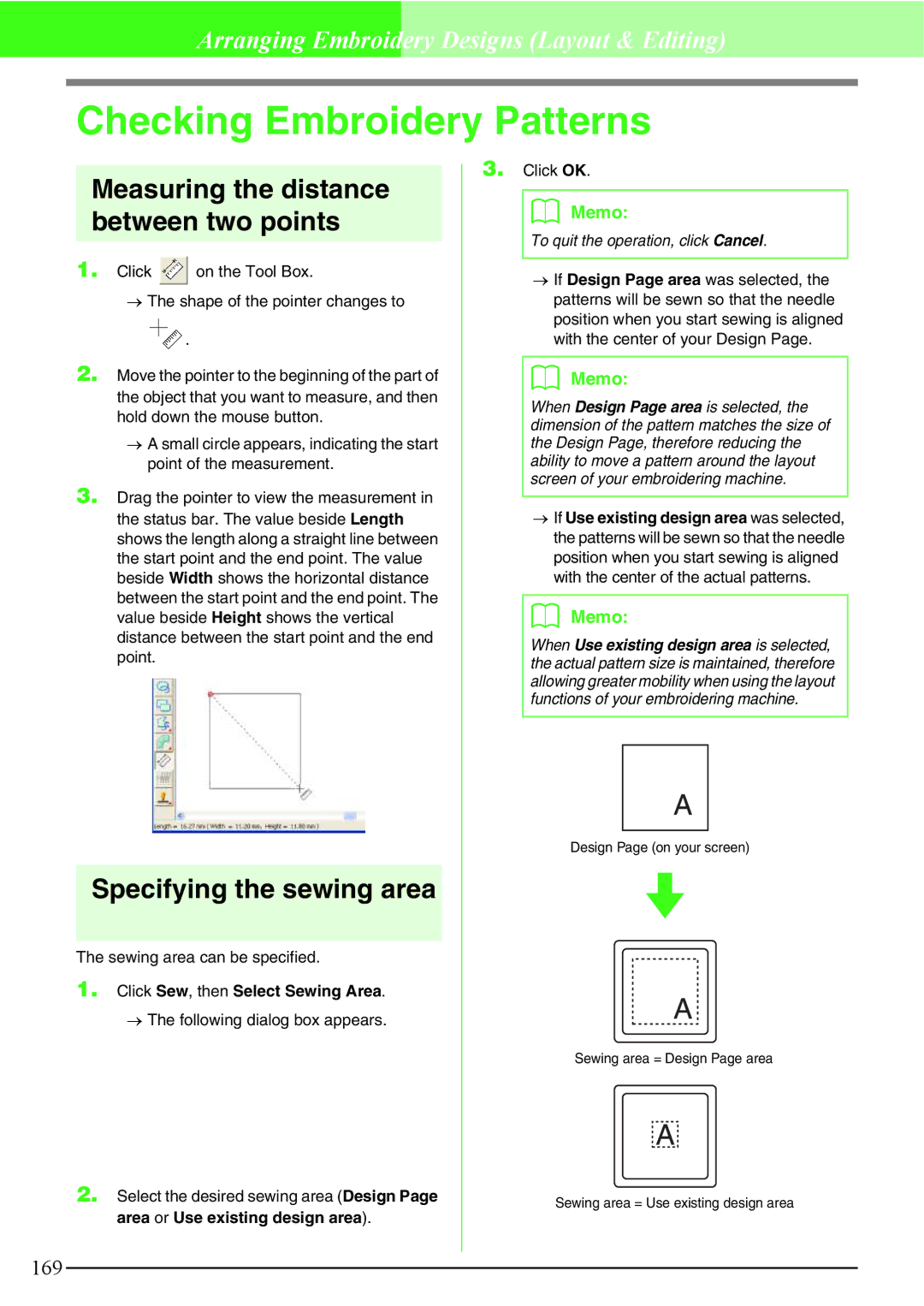 Brother PE-DESIGN V7 Checking Embroidery Patterns, Measuring the distance between two points, Specifying the sewing area 