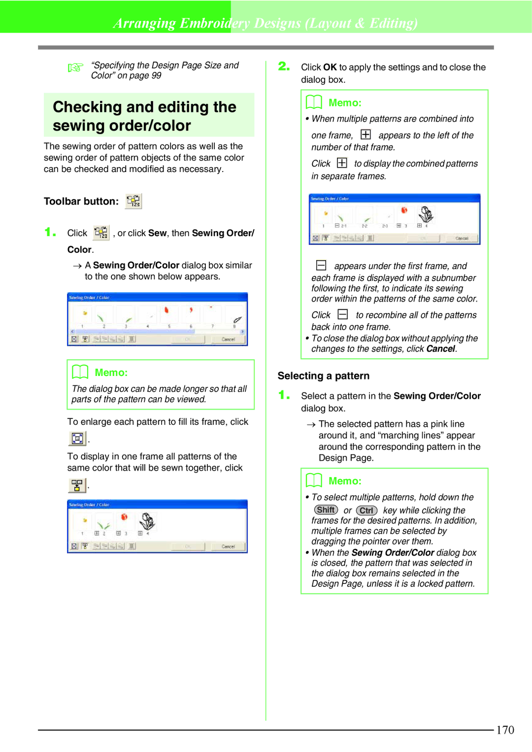 Brother PE-DESIGN V7 instruction manual Checking and editing the sewing order/color, Selecting a pattern 