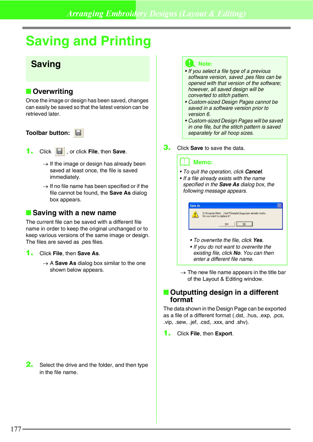 Brother PE-DESIGN V7 Saving and Printing, Overwriting, Saving with a new name, Outputting design in a different format 