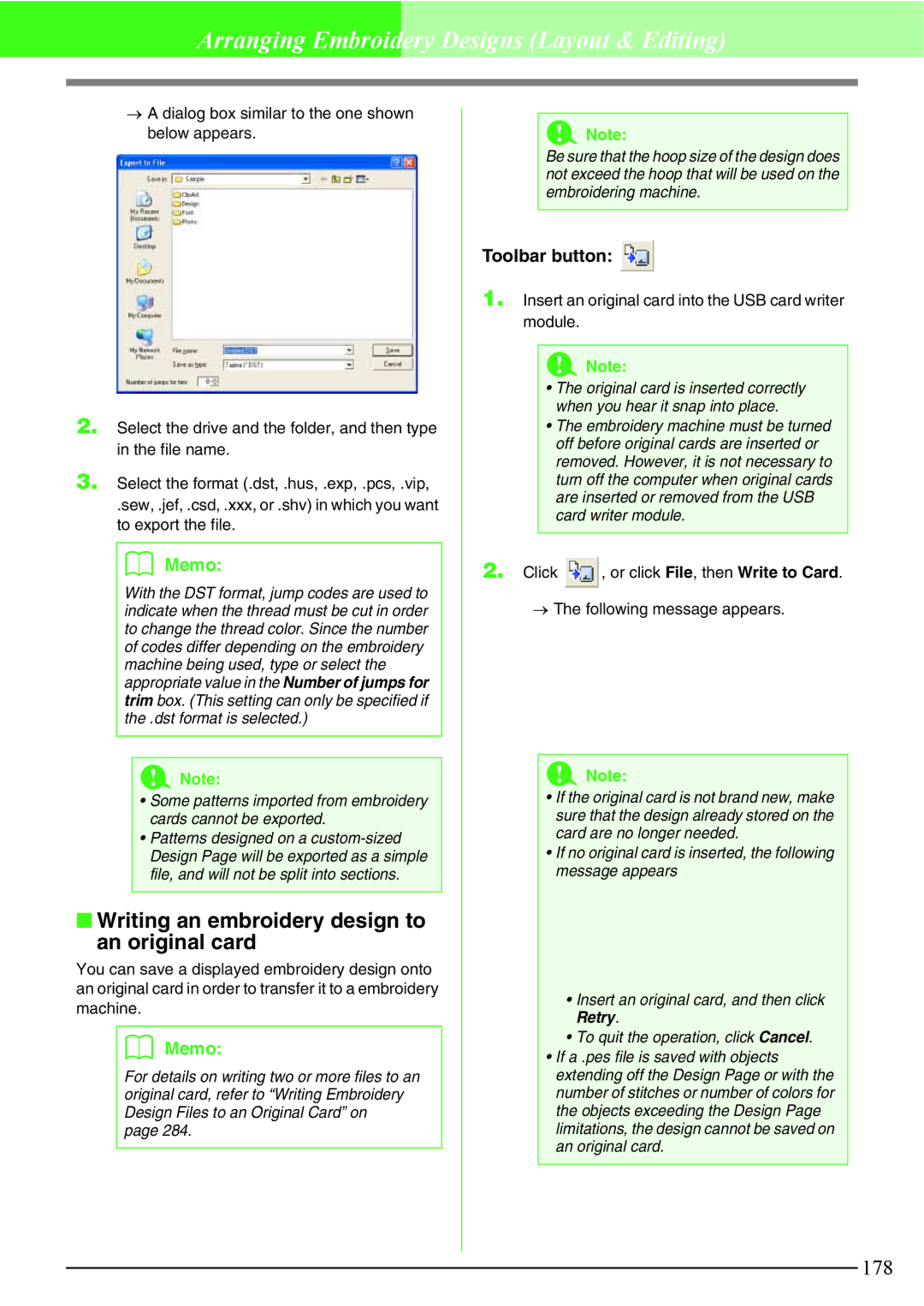 Brother PE-DESIGN V7 instruction manual Writing an embroidery design to an original card 