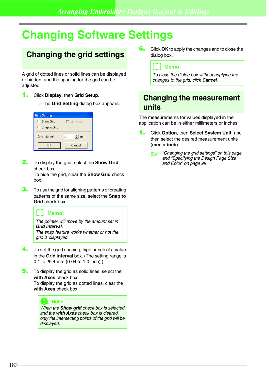 Brother PE-DESIGN V7 Changing Software Settings, Changing the grid settings, Changing the measurement units 