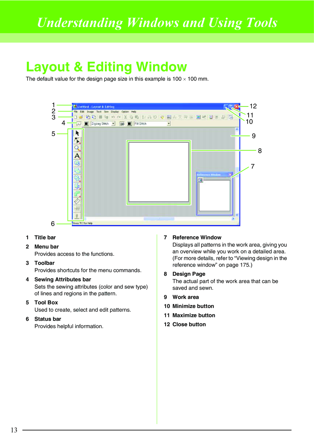 Brother PE-DESIGN V7 instruction manual Layout & Editing Window 