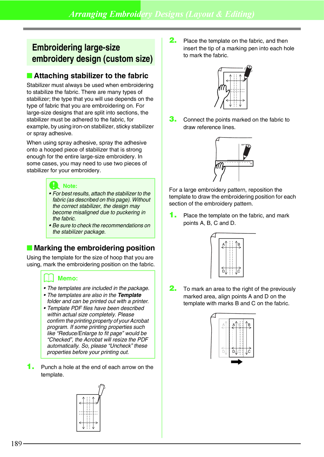 Brother PE-DESIGN V7 instruction manual Attaching stabilizer to the fabric, Marking the embroidering position 