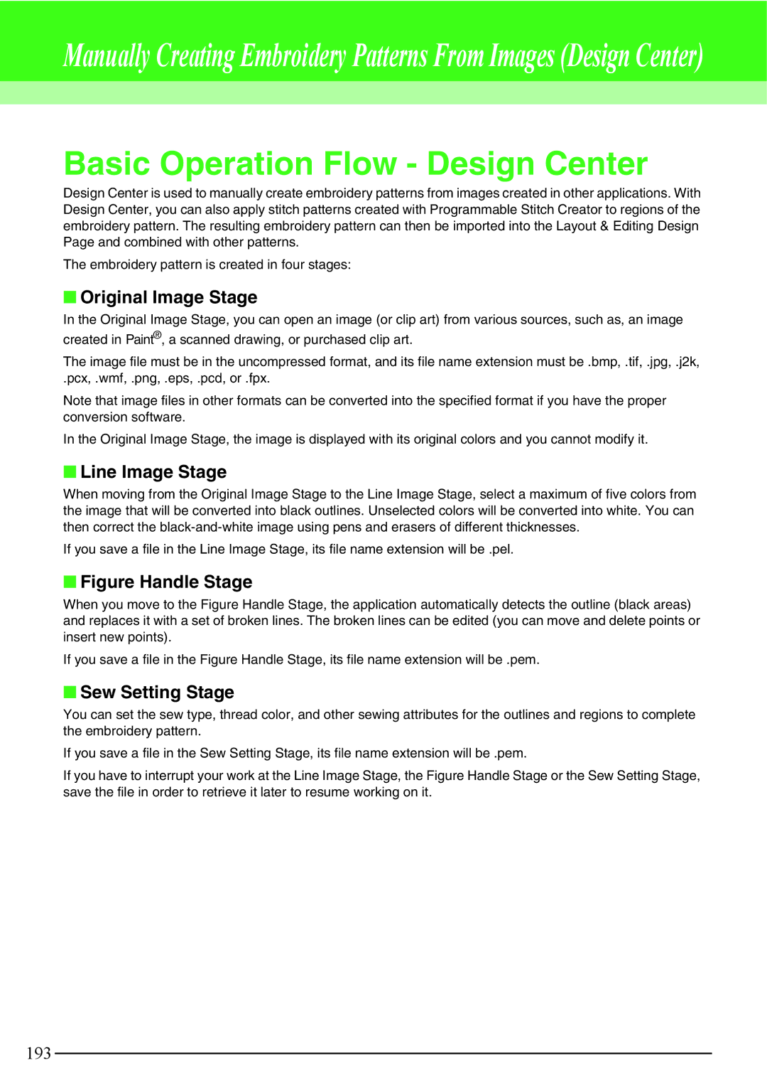 Brother PE-DESIGN V7 Basic Operation Flow Design Center, Original Image Stage, Line Image Stage, Sew Setting Stage 