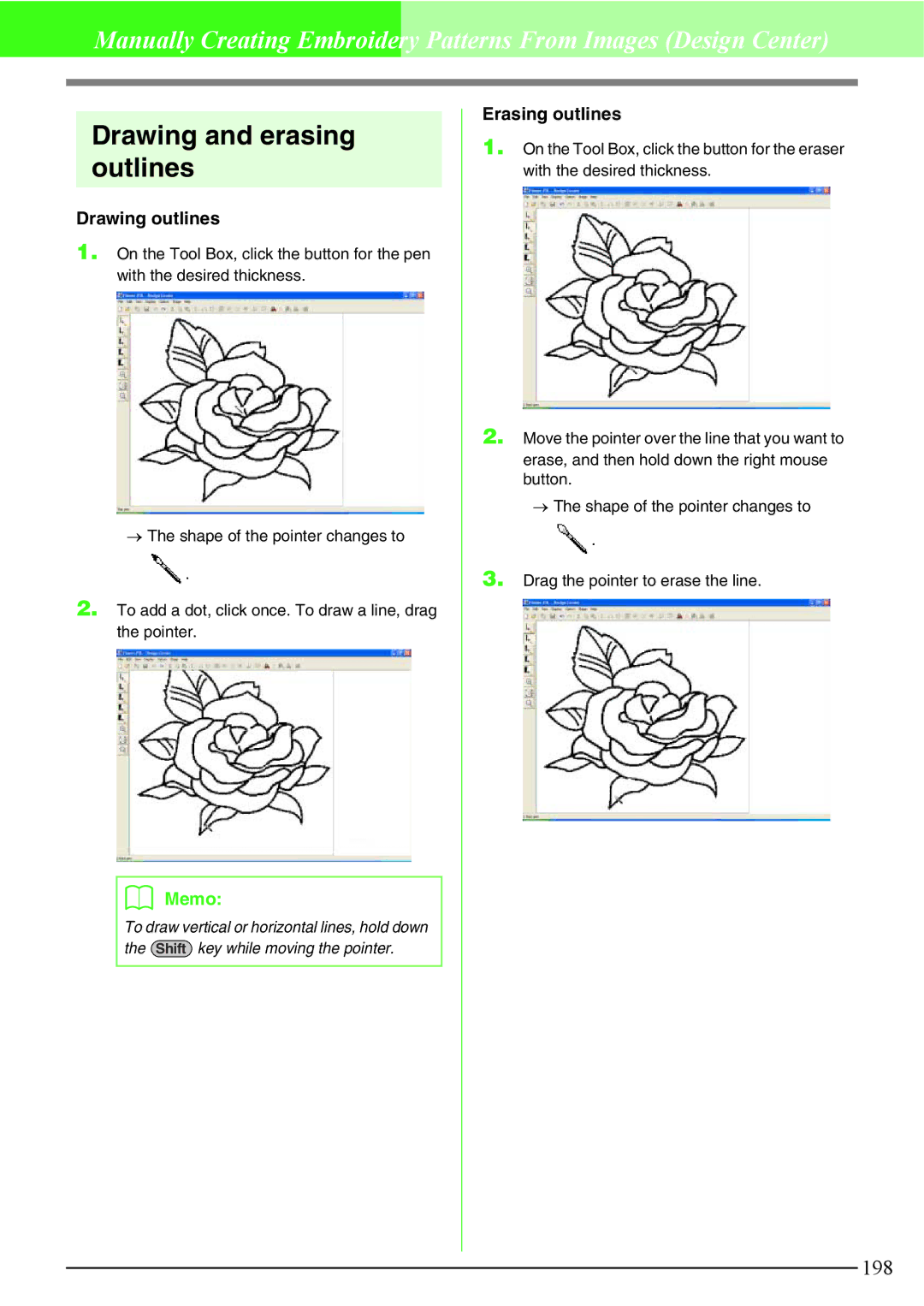 Brother PE-DESIGN V7 instruction manual Drawing and erasing outlines, Drawing outlines, Erasing outlines 