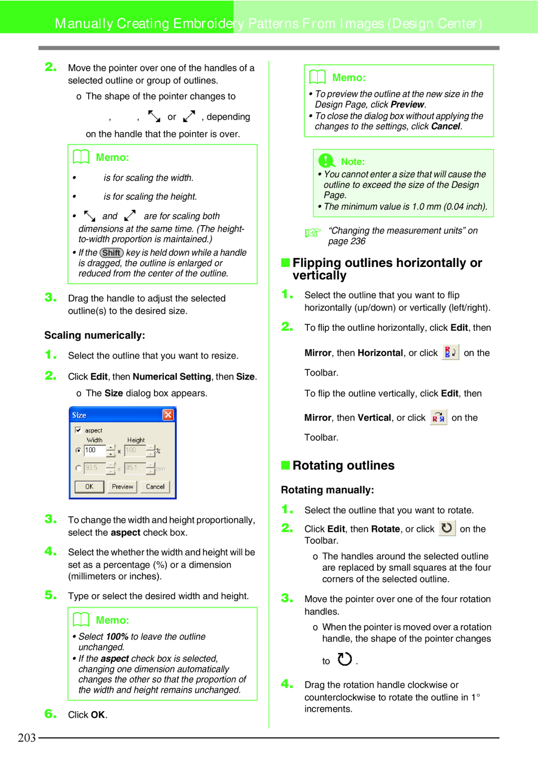 Brother PE-DESIGN V7 Flipping outlines horizontally or vertically, Rotating outlines, Scaling numerically 