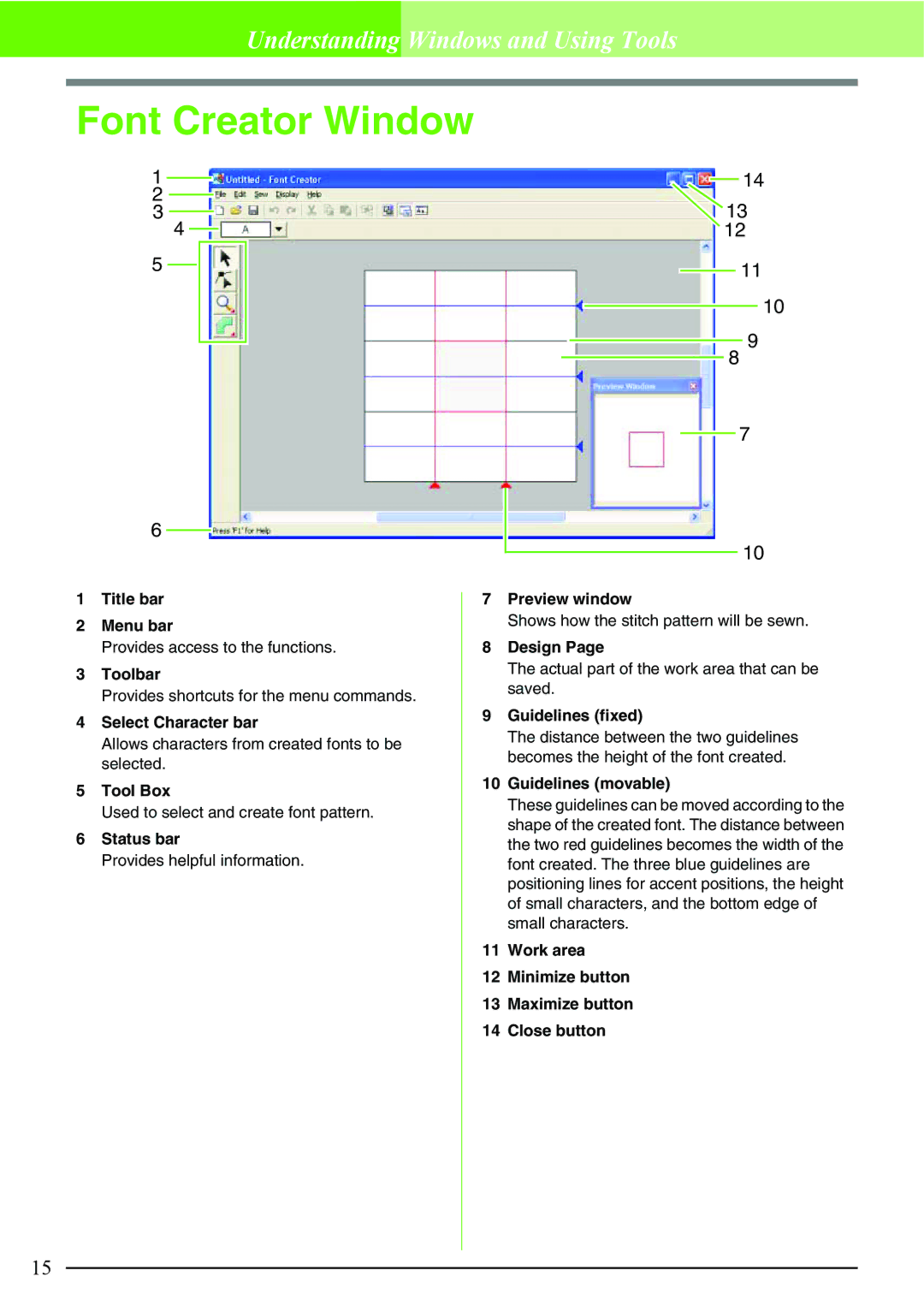 Brother PE-DESIGN V7 Font Creator Window, Select Character bar, Preview window, Guidelines fixed, Guidelines movable 