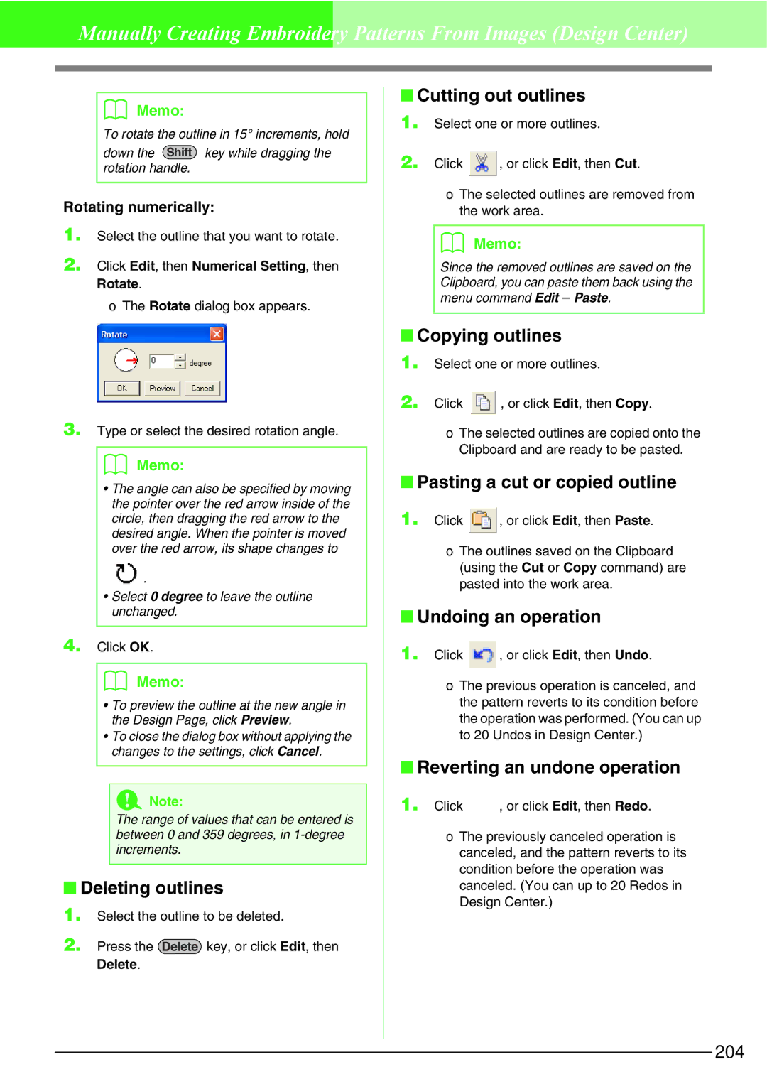 Brother PE-DESIGN V7 Deleting outlines, Cutting out outlines, Copying outlines, Pasting a cut or copied outline 