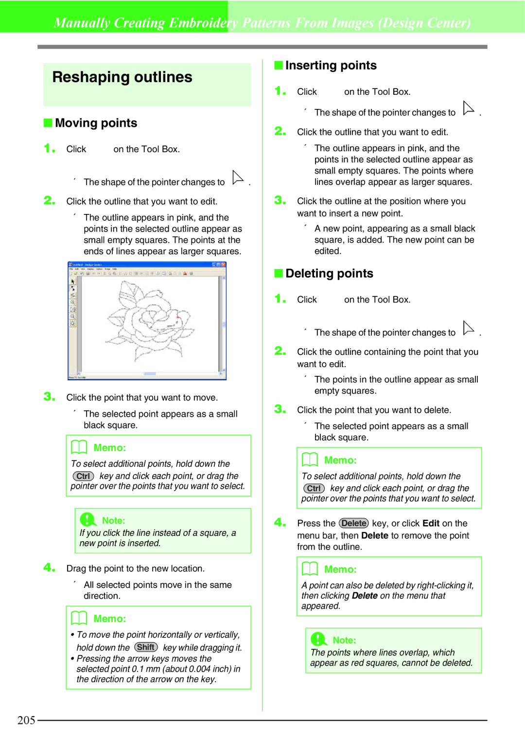 Brother PE-DESIGN V7 instruction manual Reshaping outlines, Moving points, Inserting points, Deleting points 