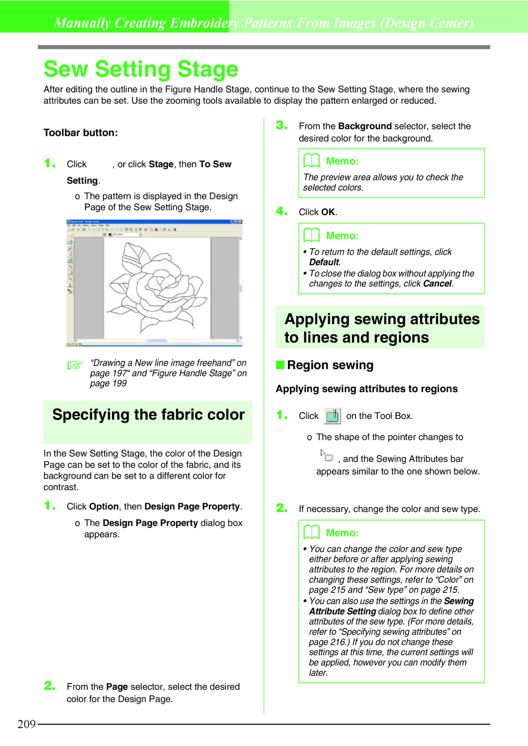 Brother PE-DESIGN V7 Sew Setting Stage, Specifying the fabric color, Applying sewing attributes to lines and regions 