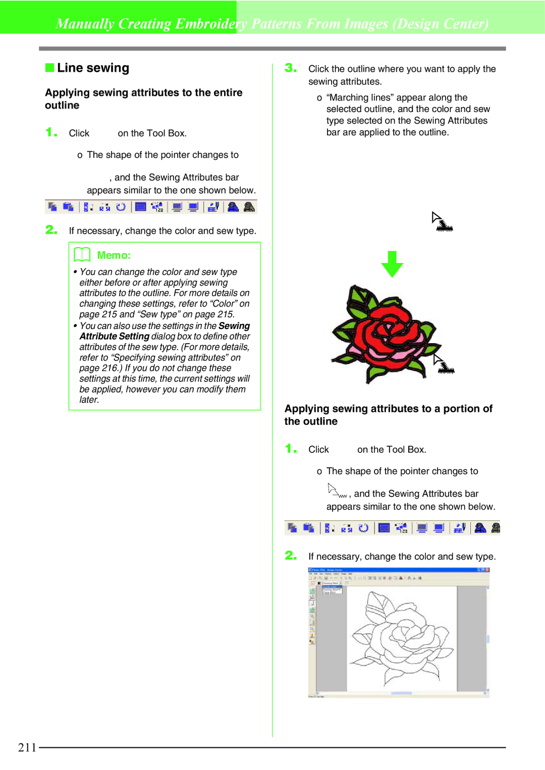 Brother PE-DESIGN V7 instruction manual Line sewing, Applying sewing attributes to the entire outline 