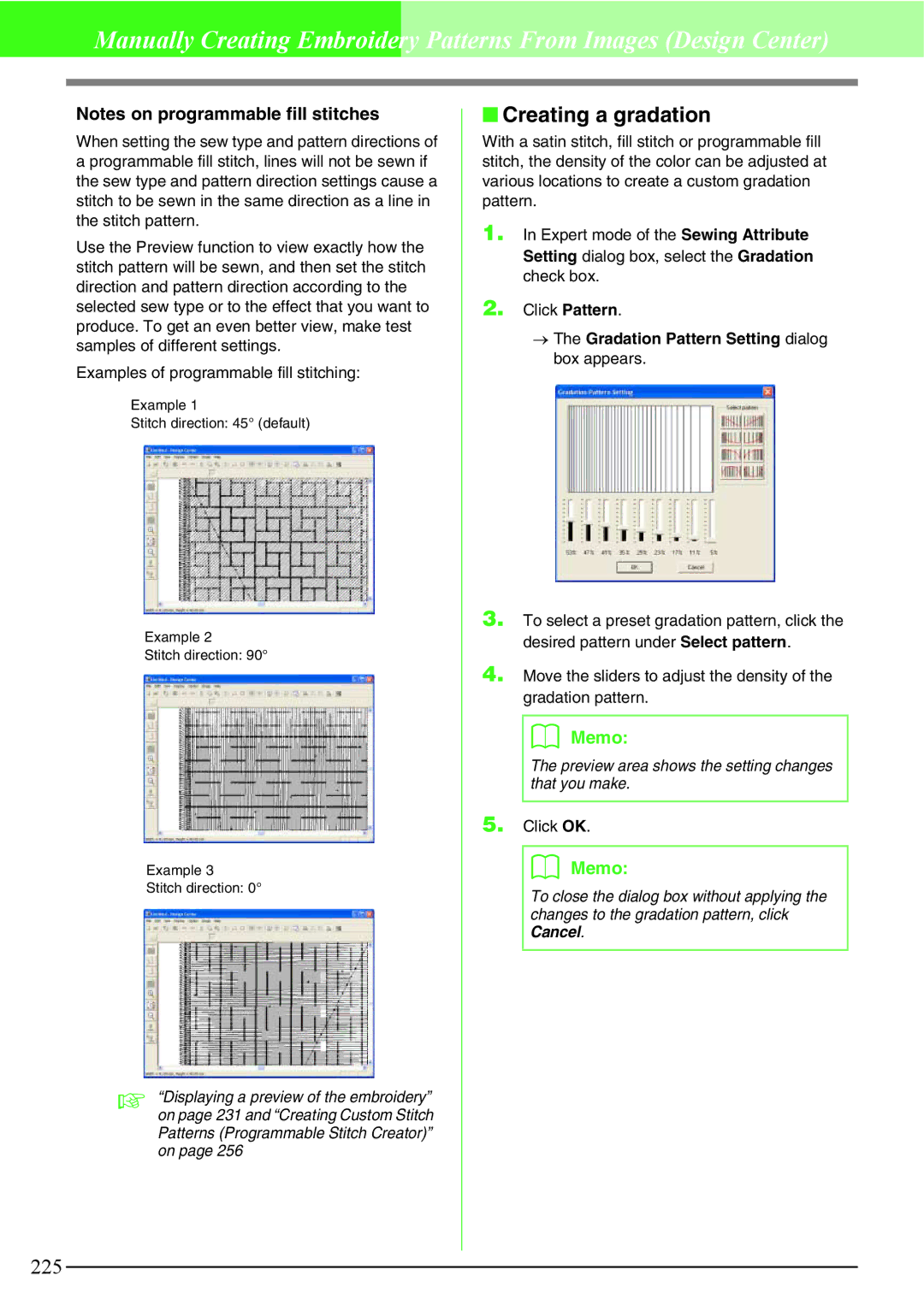 Brother PE-DESIGN V7 instruction manual Creating a gradation, → The Gradation Pattern Setting dialog box appears 