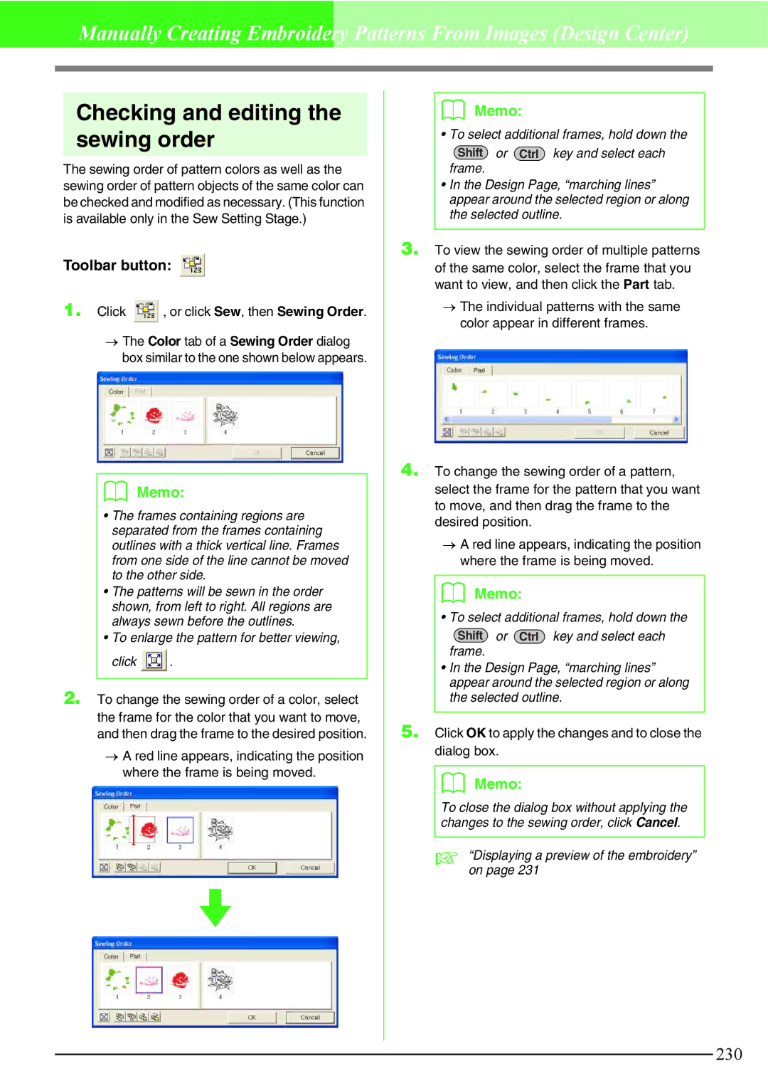 Brother PE-DESIGN V7 instruction manual Checking and editing the sewing order, Click , or click Sew, then Sewing Order 