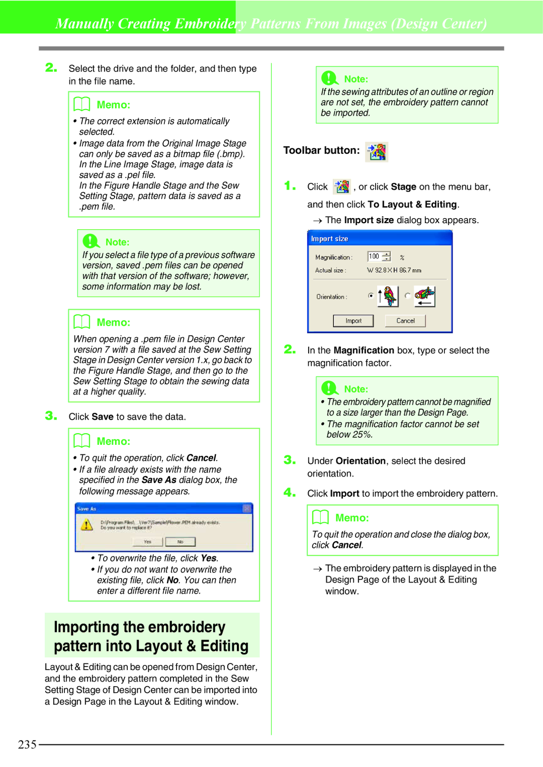 Brother PE-DESIGN V7 instruction manual Importing the embroidery pattern into Layout & Editing, Pem file 